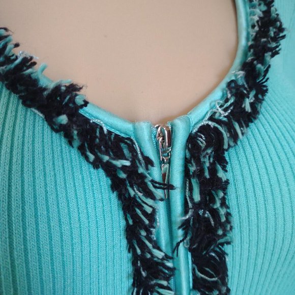 Cache Aqua Black Fringe Ribbed Zip Cardigan Sweater 6 S M - Picture 8 of 9